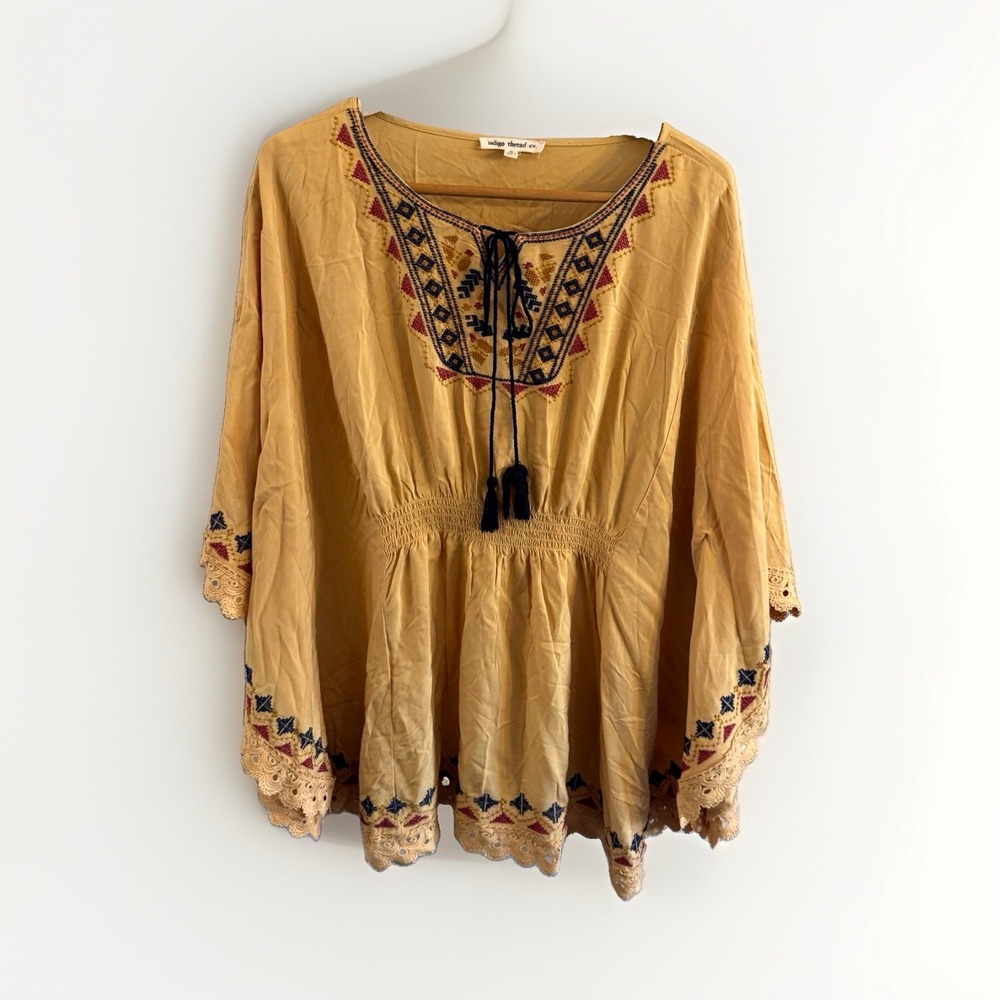 Indigo Thread Co. Womens XL Mustard Tunic Blouse V-Neck 3/4 Sleeve Tassel Rayon